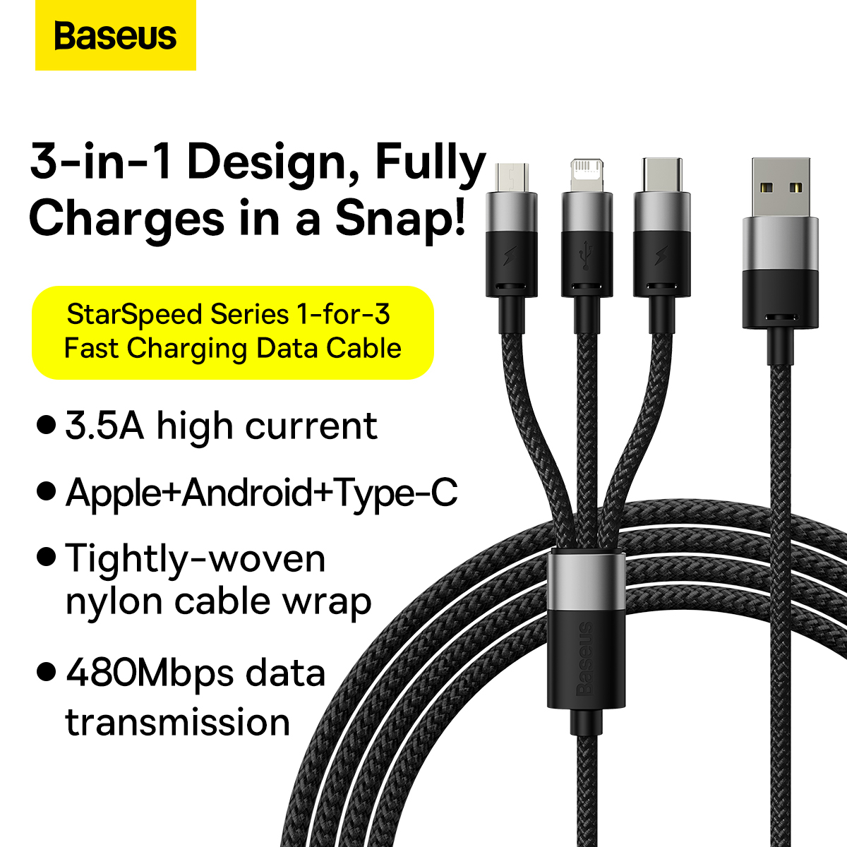 Baseus Starspeed 3-i-1 multikabel, 3.5A, 1.2m