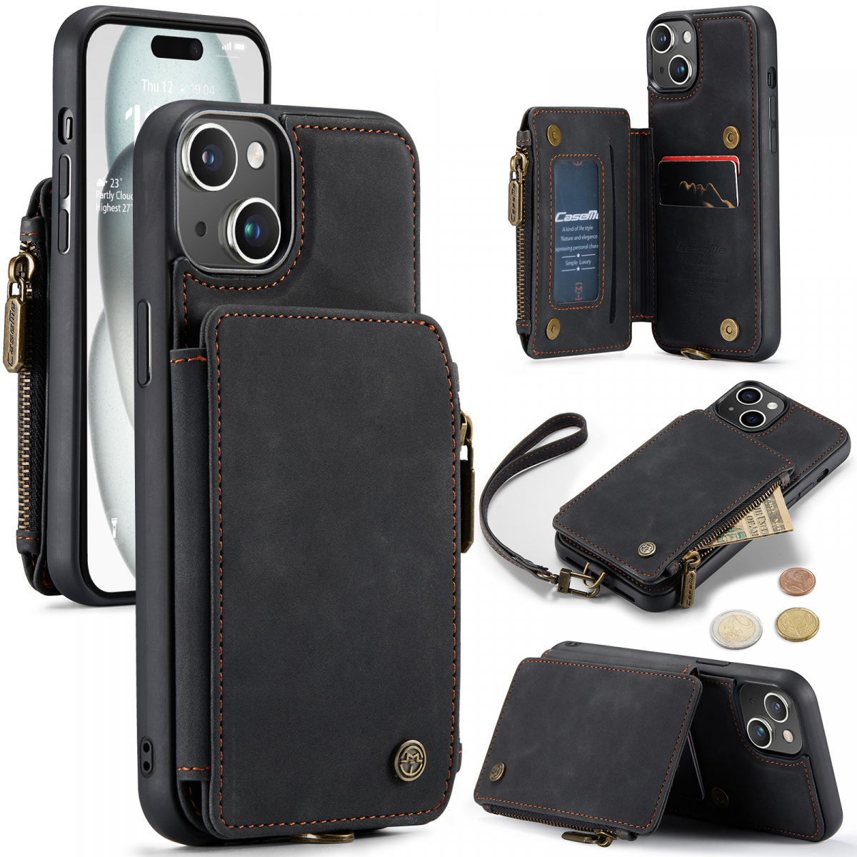 CaseMe C20 Series läderfodral till iPhone 15 Plus, svart