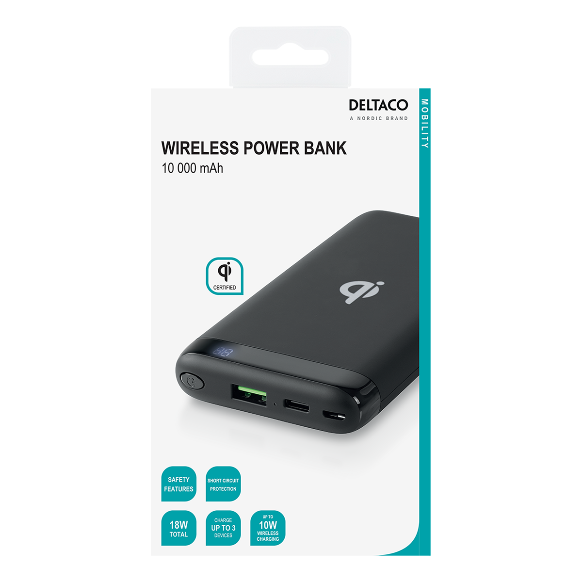Deltaco Powerbank med snabbladdning, trådlös, USB-C, 10.000mAh