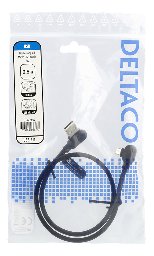 Deltaco vinklad USB-A till vinklad USB Micro-B, 0.5m